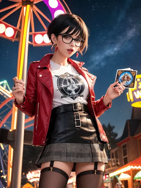 Magic: The Gathering, ((Board game card design)), ((stockings: 1.2)), h short hair, black eyes, wearing red glasses, she is wearing earrings and strings. She is dressed like a punk rocker. ( She is wearing a white t-shirt with a rock band print, a plaid sk...