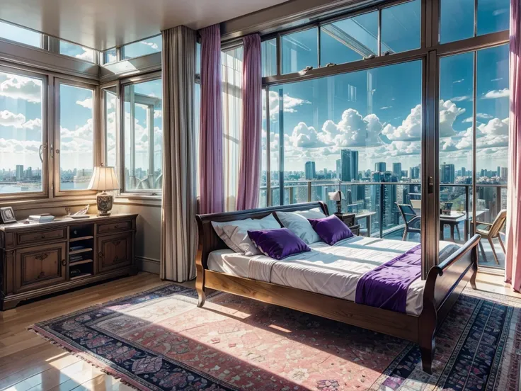 8K HD，sun sunshine blue sky white clouds，Circular glass house，Glass House，There is a big purple bed in the room，There is a table here，TV，There is a bookcase，Pink Curtains，Large glass windows all around，Overlooking the panoramic view，The most important thin...