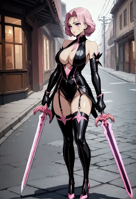 perfect and beautiful face, beautiful girl in black and pink pointed toe stiletto knee high boots, standing on street with sword in her hands ,, leatgher gloves on, big breasts and buts