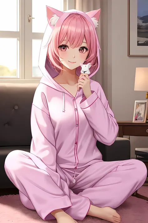 (score_9,score_8_up,score_7_up,score_6_up,score_5_up,score_4_up),masterpiece, top quality, best quality, official art, beautiful and aesthetic, animation, , 1girl with cat ear, perfect figure, pink hair, complicated details, living room, female wearing a w...