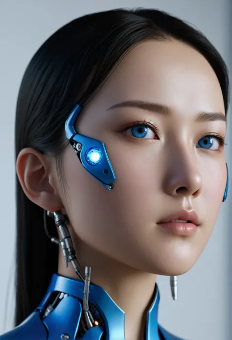 Top quality 8K ultra high definition work, masterpiece: 1.3, sharp focus: 1.2. One robot, the face is a human woman. complex 3d render ultra detailed of a beautiful porcelain skin head asian girl with blue eyes profile android face, Facing the camera、cybor...