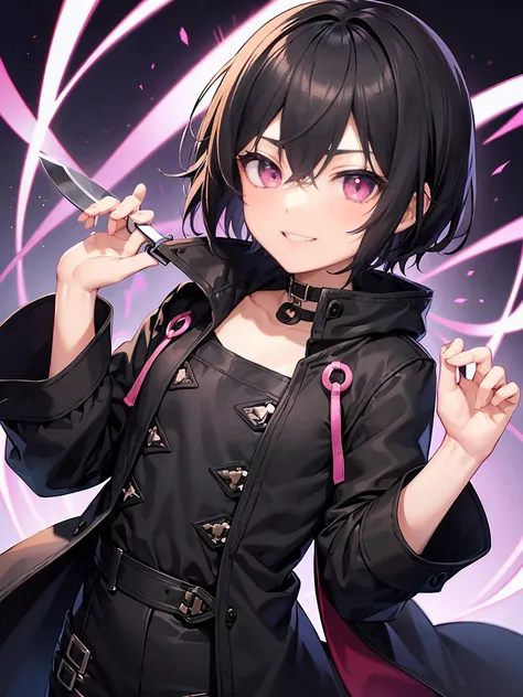 Short black hair、Pink eyes、Shota、male:1.5、solo、jet black duffle coat、Black clothing、Wicked Smile、Black trousers、knife