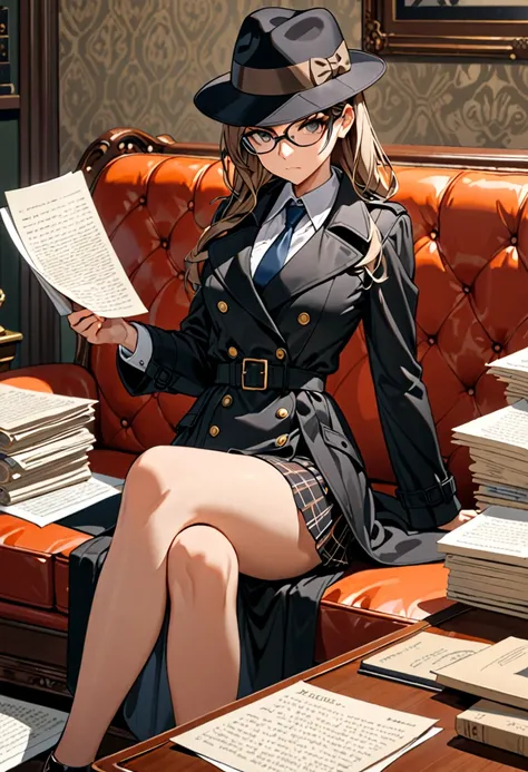 masterpiece, best quality, 16k, 2.5D, 1 girl ( black trench coat, suit, skirt, fedora, glasses, cross-legged, sitting on sofa, necktie, serious, detective), ( table, papers on table ), window, ofice background, hand