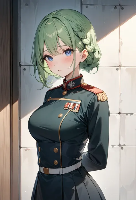 (masterpiece, top quality, very aesthetic, 4k、8ｋ、illustration), intricate detail, 1girl,Standing in front of a wall、(upper body)、clear face、(braid hair)、
Cute 、light green hair、,middle hair,sidelock ,,blue eye、Military uniform、Tight skirt、,medium breasts、S...