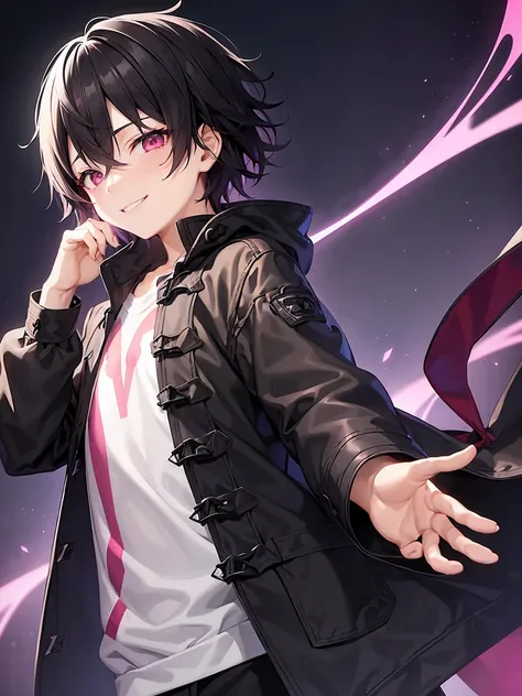 Short black hair、Pink eyes、Shota、male:1.5、solo、jet black duffle coat、Black clothing、Wicked Smile、Black trousers、Spider&#39;s Thread