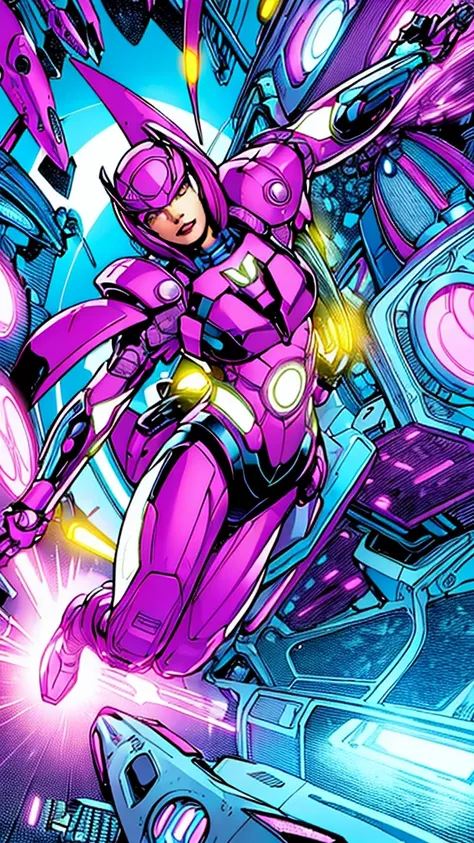 A lively, imaginative image of a girl in a mech suit, leaping gracefully across a futuristic battlefield. The girls vibrant, vibrant color scheme contrasts with the muted, mechanical aesthetic of the suit. The vibrant colors and intricate details in the su...