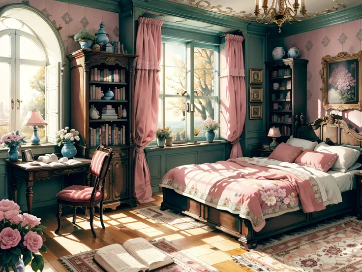 8k picture quality，best quality，masterpiece，hd，super rich detail，detailed，cosy bedroom，big windows，floor-to-ceiling windows，big ...