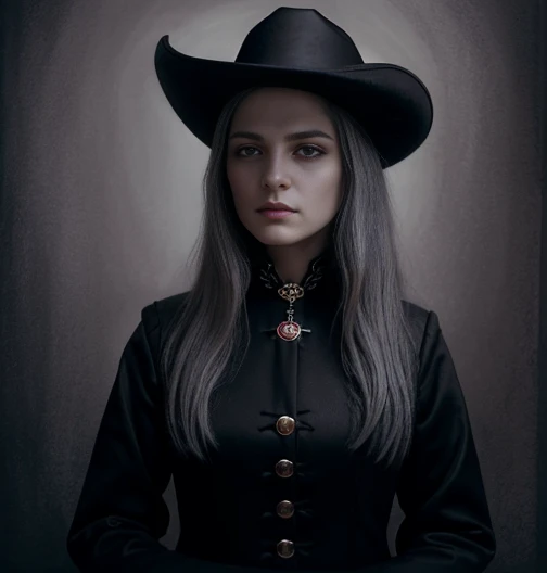 (Surrealist female portraits), (Dark Fantasy Art: 1.6), David Hockney and Alphonse Mucha style, stunning realism, dynamic lighting, 4K resolution, very detailed facial features, award-winning, Cowboy Shot, (official uniform: 1.4), long and gray hair, deep ...