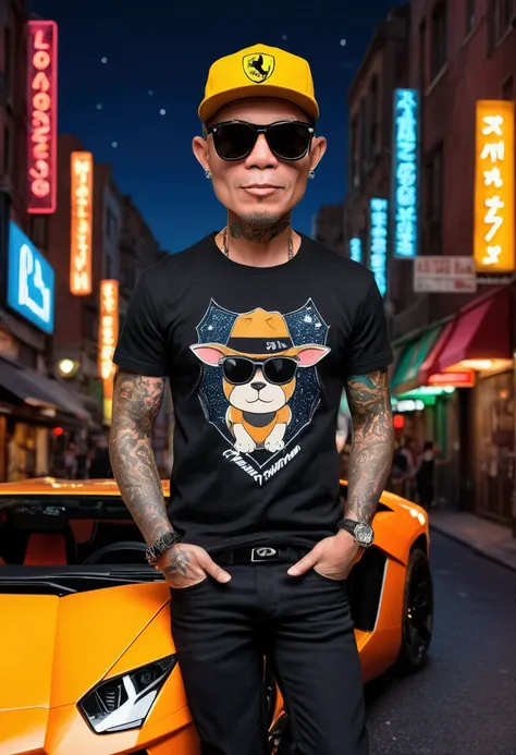 Realistic charming and vibrant 4D caricatures, the scenery displays style, Modern Pixar character style, big head, short legs, named "KUM2. "He stood confidently amidst the bustling urban night scene in a Lamborghini Aventador, illuminated by dazzling neon...