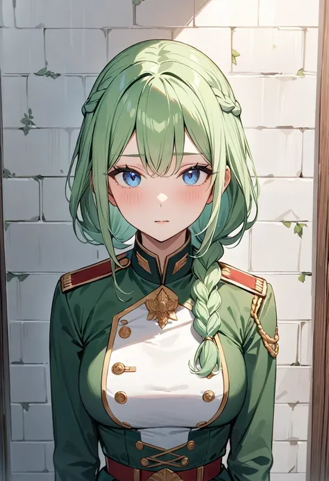 (masterpiece, top quality, very aesthetic, 4k、8ｋ、illustration), intricate detail, 1girl,Standing in front of a wall、(upper body)、clear face、(braid hair)、
Cute 、light green hair、,middle hair,sidelock ,,blue eye、Military uniform、Tight skirt、,medium breasts、S...