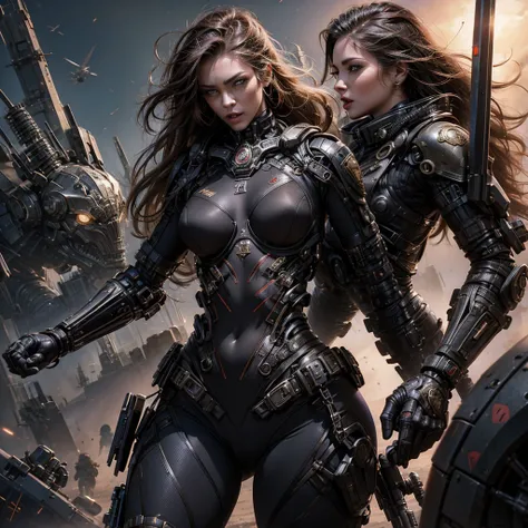 A realistic and detailed image of a hot sexy woman in a steampunk futuristic military uniform in a battlefield, commanding soldiers and surreal creatures. Among the ranks of soldiers and mythological creatures, there also stand some cyborgs, with mechanica...