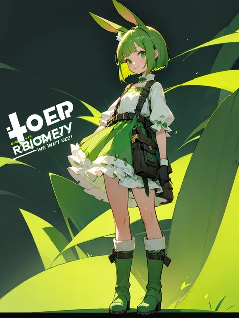 Green rabbit ears, green animal ears, a girl, bob cut, green hair, green eyes, look young, alone, short,  tiny, Lolita, childhood, smile, overall, long bootbelt, waist bag, waist pouch, kawaii, cute, long boots, full body shot