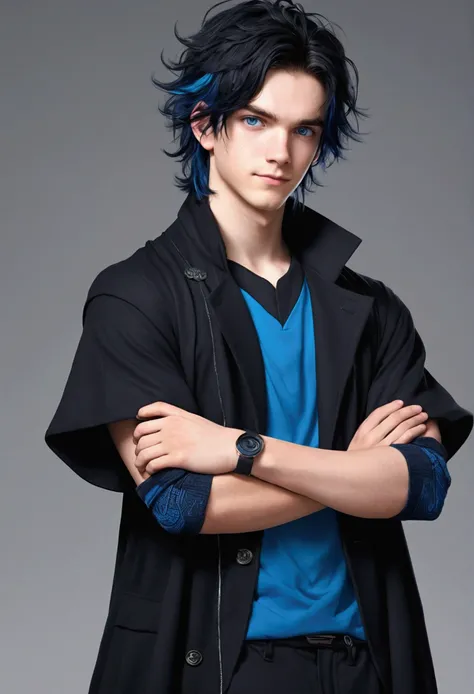 Teenage boy, Messy hair, long hair, multicolored blue and black hair, crossed arms, blue and black eyes, heterochromia, Simple smile, serious face, black jersey, dark blue detailed and wide short-sleeved overcoat, detailed black pants, electric aura around...