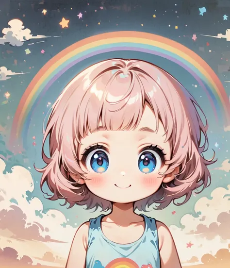 draw a rainbow in the background、smile、pale pink hair、short hair with a bun、cartoon style character design，1 girl, alone，big eye...