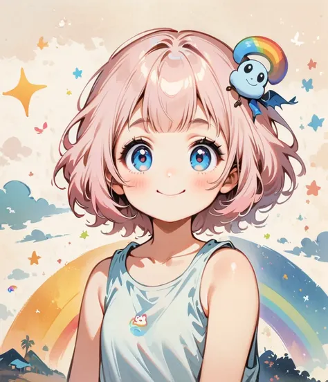 draw a rainbow in the background、smile、pale pink hair、short hair with a bun、cartoon style character design，1 girl, alone，big eye...