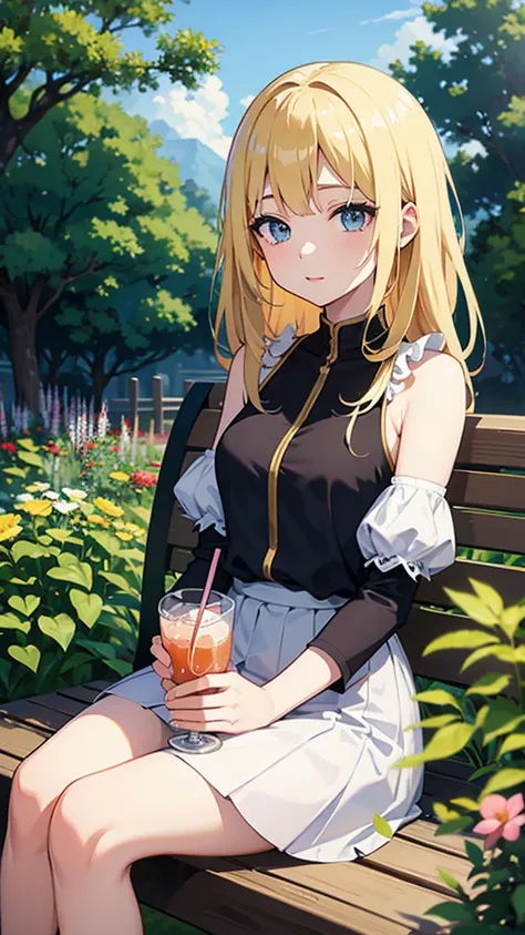 Gal、Anime style illustrations、garden、Sitting on a bench、Holding a drink、Upper Body、Blonde、looks fun
