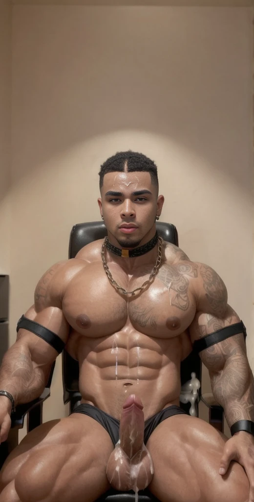 (masterpiece, intricately detailed, highest resolution, best quality:1.2), (doujin), a cocky African American Instagram influencer, buzz cut, a 24 y.o muscle stud with a muscular physique sitting on a chair with black eyes,full-body tattoo, dark-skinned ma...