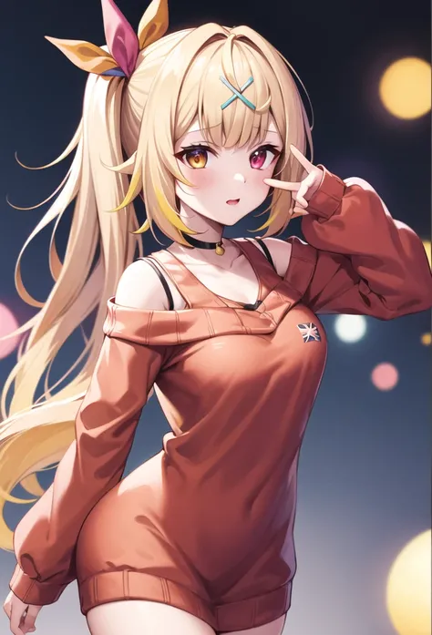 masterpiece, Highest quality, High resolution, HS1, Red eyes, Yellow Eyes, Side Ponytail, x Hair accessories,Pink is good,Hair Ribbon, Gray Knit Sweater Dress,V-neck,long sleeve bodycon dress,Moe sleeves,