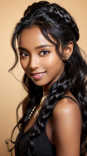 ((masterpiece))) whole body, (Somali Girl) ((black wavy hair, chignon hair, jet-black skin))), amber eyes, Beautiful Eyes, 27-year-old girl.AKB. archaic smiling