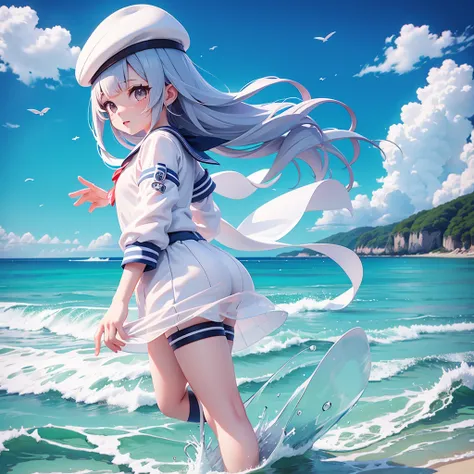 Translucent sailor suit、Seaside、Highest quality、the wind is strong