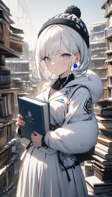 1girl,albino,snow white hair,white eyes,,white blazer with logo ,high waisted white skirt,perfect body, books,calm,white fluffy beanie,blue earrings,8k,high definition ,