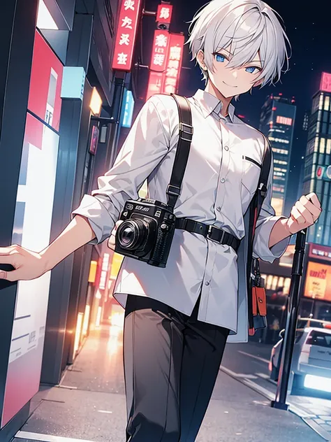 Have a camera、Villain、modern、Downtown at night、A man with a bad appearance、Short Hair、Lewd smile、White shirt、