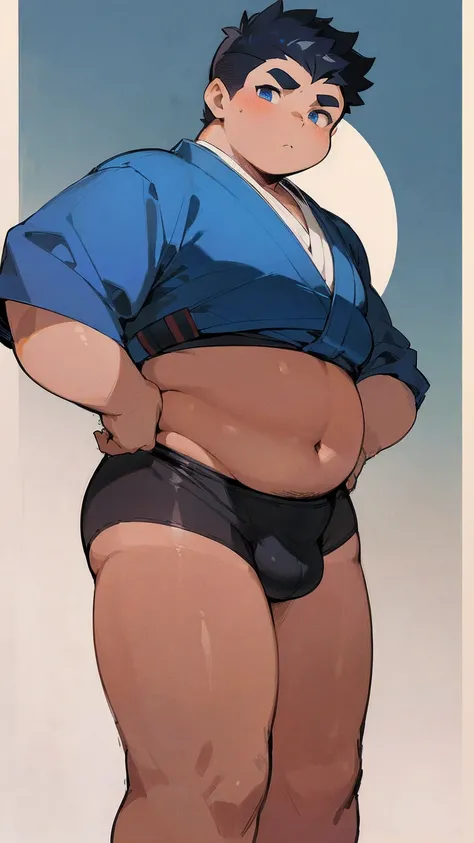 ((androgynous)), beautiful, (very short hair), (pudgy face), (thick),(cute), ((boyish)), (chubby), belly, muscular, (beefy), (jockstrap), (cool), (sexly), (Hakama), (blue eyes), (shaved sides), (Black Hair), (warrior), (Han-like)