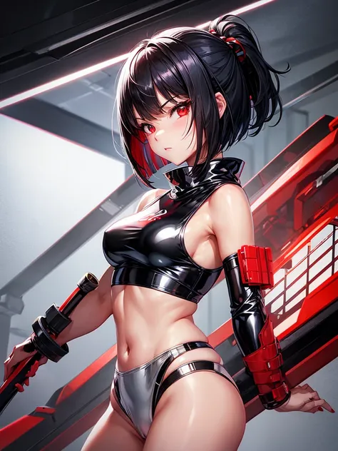 solo girl,Glossy metalic light silver tank top, tight latex shiny, Red interpolation color,Black hair bob,red eyes, camel toe, Samurai Sword,
Lift one leg, sexy lady, โชว์กางเกงใน girl,