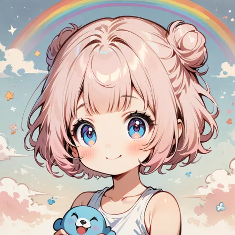 draw a rainbow in the background、smile、pale pink hair、short hair with a bun、cartoon style character design，1 girl, alone，big eye...