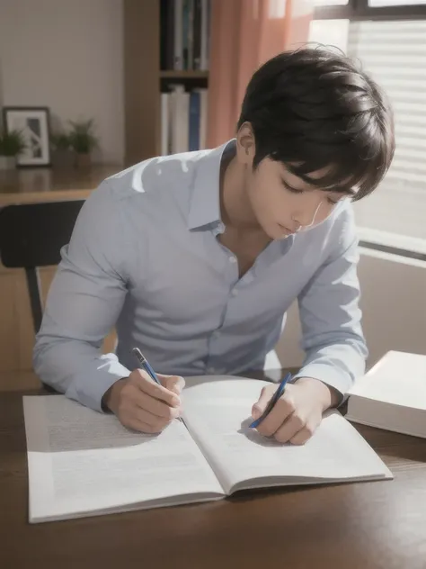 A 18+smart  boy studying on his study table hard working 