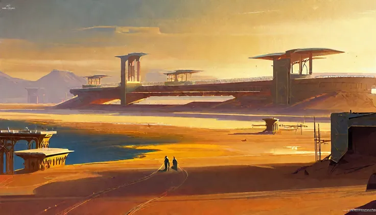 there is a photo of a desert scene with a bridge, Arte conceitual 2D, arte conceitual de pintura digital, dramatic conceptual art, Arte conceitual digital suave, por Sparth, Stefan Koidl inspirado, inspired por Sparth, estilo espartano, artes conceituais, ...