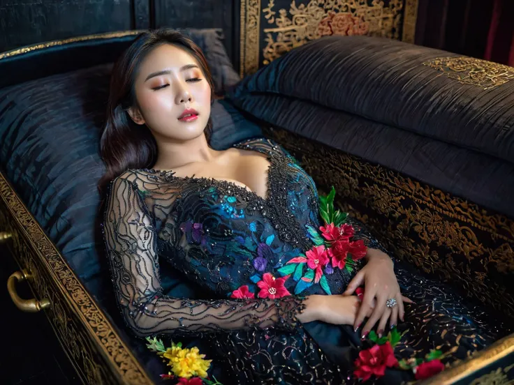 In a striking 8K HDR scene, a stunning Korean woman, 22 years old, lies peacefully in a black coffin surrounded by plush pillows. The deep box is set against a rich black background, accentuating the beauty of the subject. Her exquisite deep-V neckline keb...