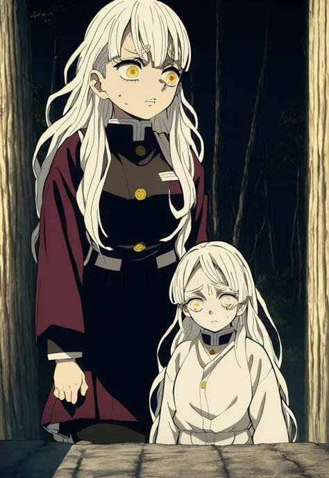 Masterpiece, Best quality, young woman、Kimetsu no Yaiba style、hashira uniform、white hair、long hair、white hair、hashira uniform、yellow eyes、nervous、sweating、running、angry、 panic、dusty landscape、behind collapsed house、trees、dawn、 close-up、black skirt、at night...