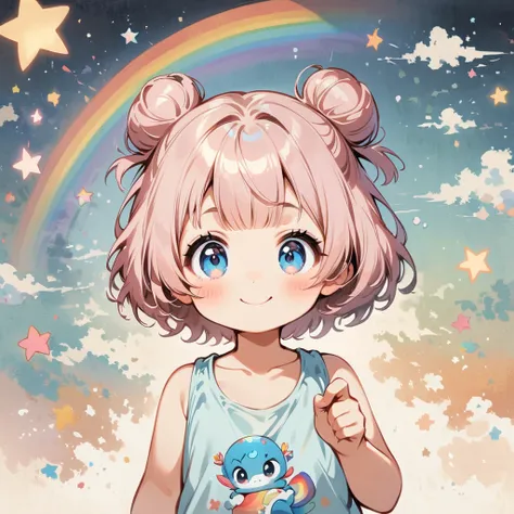 Doing hand-held fireworks、Draw a rainbow in the background、smile、pale pink hair、Short hair with a bun、Cartoon style character design，1 Girl, alone，Big eyes，Cute expression，Tank top、interesting，interesting，Clean Lines