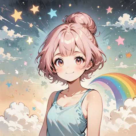 Doing hand-held fireworks、Draw a rainbow in the background、smile、pale pink hair、Short hair with a bun、Cartoon style character design，1 Girl, alone，Big eyes，Cute expression，Tank top、interesting，interesting，Clean Lines