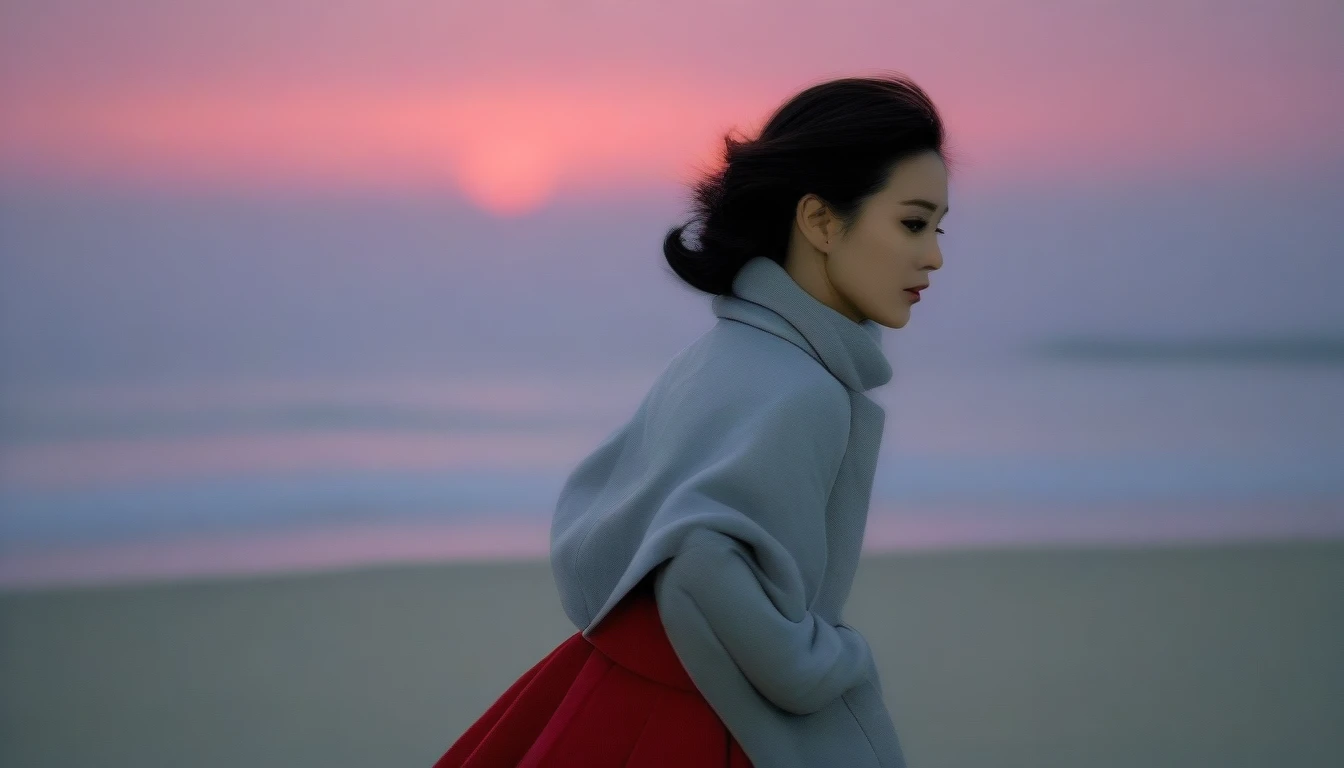 8K, 超high resolution, best quality, masterpiece, 1 woman, (36 years old:1.3), Korean woman,(wearing a long winter coat and scarf、Thin black double sided updo :1.5)、(The woman turned around with a very sad expression., 겨울 해변에서 바람에 휘날리는 short medium hair, he...