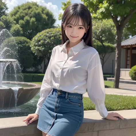 HD detailed, Super detailed, Realistic,Hyperrealism,Best image quality、Highest quality、masterpiece、Ultra-high resolution、8K、immature、Like the picture:1.5、Professional Lighting、Park fountain、Young Japanese Woman,Stylish、、Slender、、A kind smile、Wear a denim l...