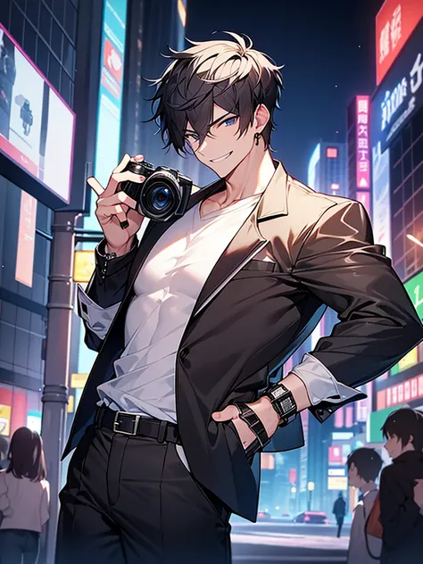 Have a professional camera:1.3、Villain、modern、Downtown at night、He has a bad appearance、Lean and muscular、Short cropped hair、A mean smile、White shirt、