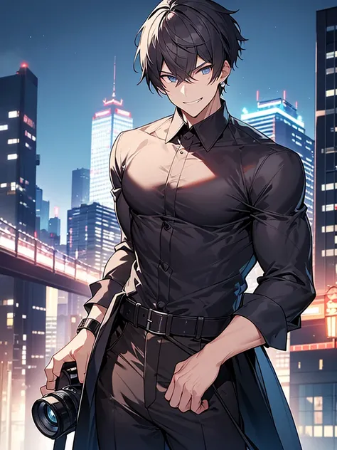 Have a professional camera:1.3、Villain、modern、Downtown at night、He has a bad appearance、Lean and muscular、Short cropped hair、A mean smile、White shirt、