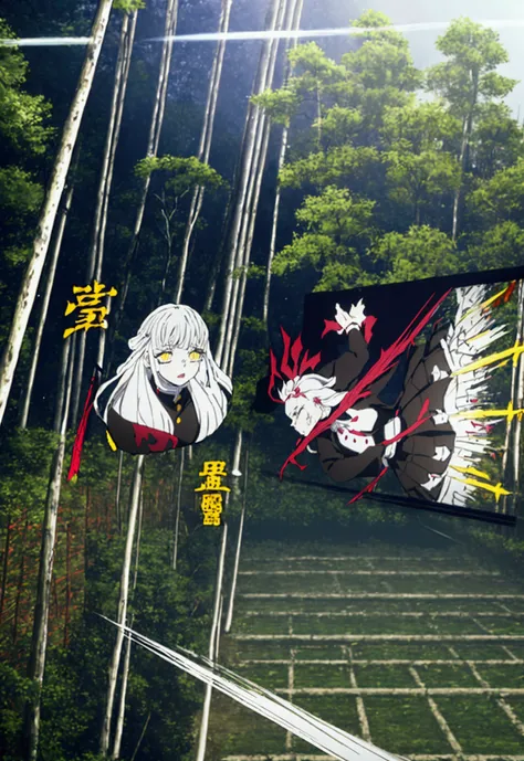 Masterpiece, Best quality, young woman、Kimetsu no Yaiba style、hashira uniform、white hair、long hair、white hair、hashira uniform、yellow eyes、、running fast、 panic、dusty landscape、behind collapsed house、trees、dawn、black skirt、at night、