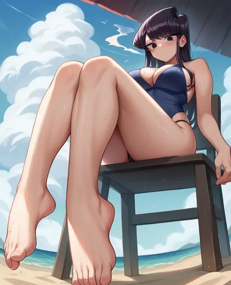 artwork, high quality, a woman, beautiful, (Komi Shouko) long black hair, black eyes, big chest, Swimsuit, black panties, sitting on a chair, whole body, bare legs, barefoot, feet in front, humenando, View from below, barefoot, blowing smoke, and sweat, so...