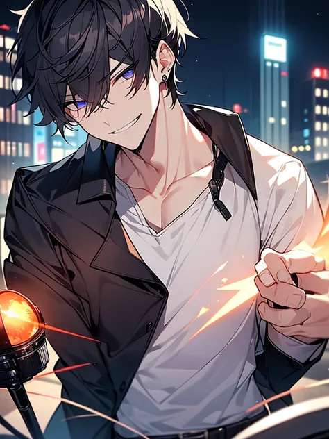 Have a professional camera:1.3、Close-up on upper body、Villain、Dark circles under the eyeodern、Downtown at night、He has a bad appearance、Lean and muscular、Trimmed short-haired、A mean smile、White shirt、