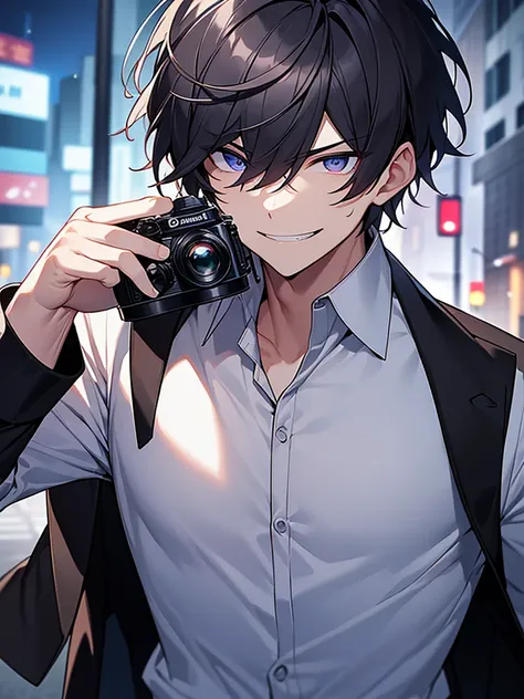 Have a professional camera:1.3、Close-up on upper body、Villain、Dark circles under the eyeodern、Downtown at night、He has a bad appearance、Lean and muscular、Trimmed short-haired、A mean smile、White shirt、