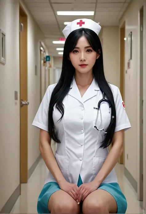 ( (8K:1.27)、top quality、masterpiece、Super high resolution:1.2)、Crouch down、I can almost see the chest、white nurse uniform、black hair、long straight hair、huge breasts、at the hospital、ward