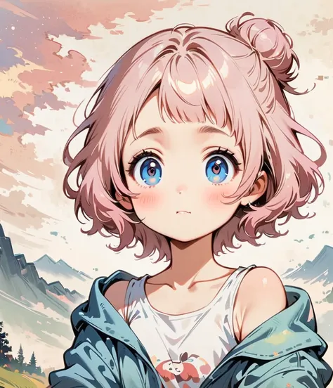 にっこり笑う、pale pink hair、Short hair with a bun、Cartoon style character design，1 Girl, alone，Big eyes，Cute expression，Tank top、interesting，interesting，Clean Lines