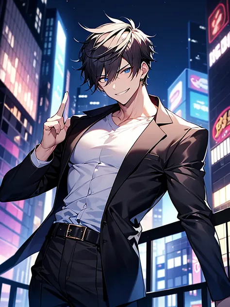 Portrait Shot。Have a professional camera:1.3、Villain、modern、Downtown at night、He has a bad appearance、Lean and muscular、Short cropped hair、A mean smile、White shirt、