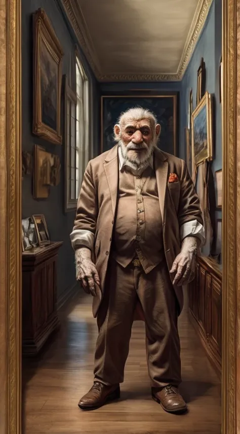 Museum, large hall with many framed photos. The old man falls to the hall floor under the painting.
The girl from the picture looks at the old man and offers him (literally) her hand from the picture to motion him to stand up