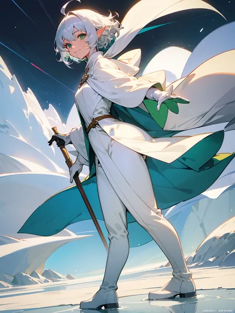 Elf, silver hair,short hair, medium cut, ahoge, curly hair,green eyes,slender, fair skin, cool Smile, robe, cloak, White gloves, long boots, pants, on the salt flat