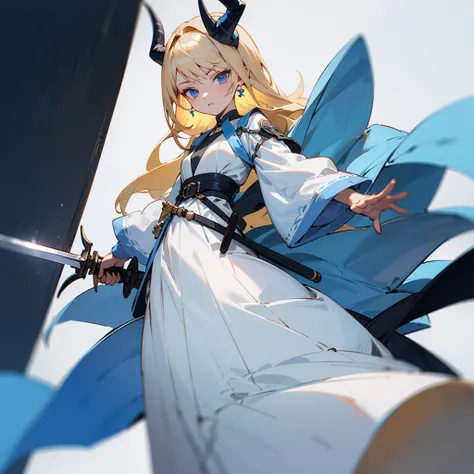 blonde girl with loose hair, blue eyes in a black, white and blue duchess dress with a blue scabbard and a sword on the belt and small black horns. full length large reference. anime style