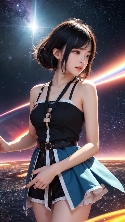 floating in space、whole body、reach out, highest quality, Highly detailed CG integrated 8k wallpaper, movie lighting, Lens flare, beautiful detail eyes, black,  Side view,  multicolored hair, Rich and colorful light, particle, 16 years old、girl、laugh fearle...